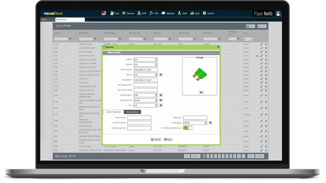 A screenshot of a desktop computer showing the Nexxo Fleet analytics dashboard for vehicle maintenance data