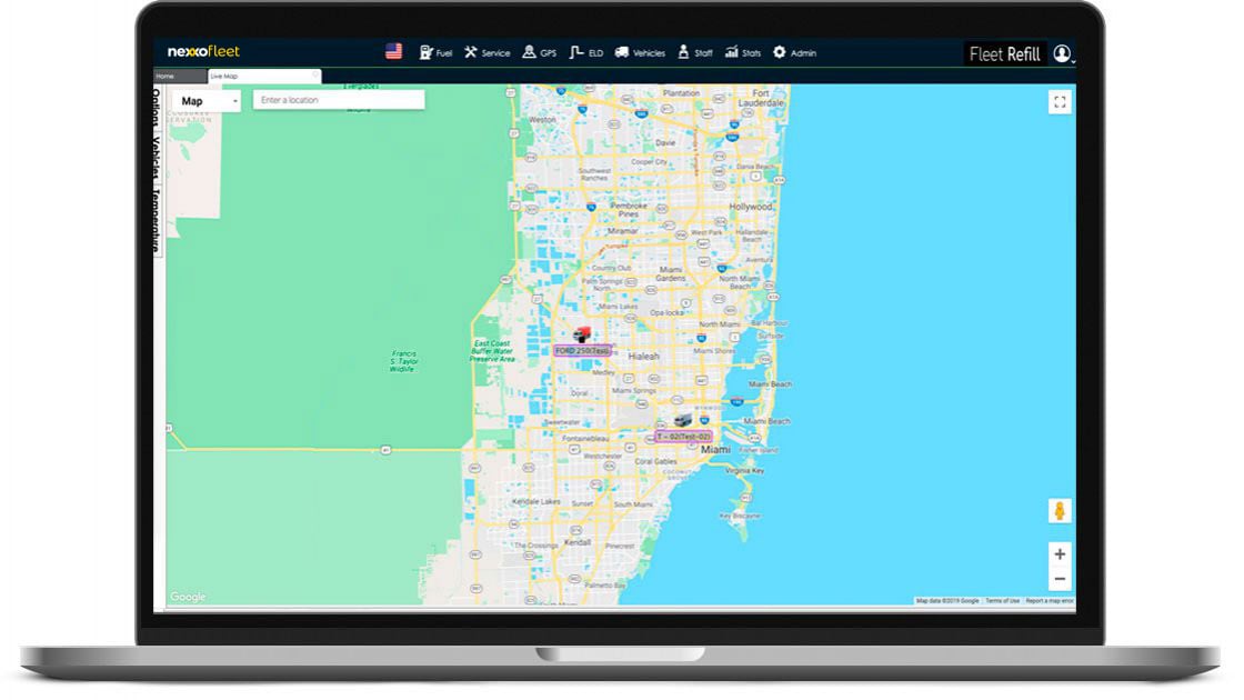 A screenshot of a desktop computer showing the Nexxo Fleet GPS map  with locations  that reveal fuel performance