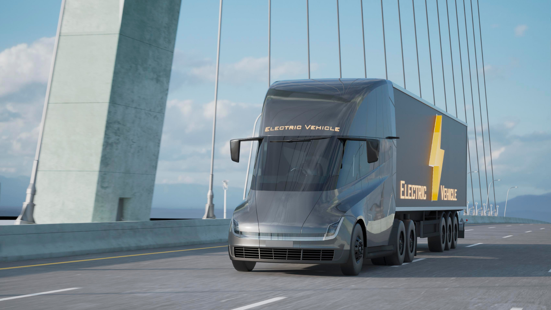 Tesla’s prototype for its electric semi-truck drives over a suspension bridge. 