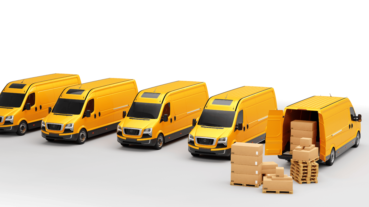 A rendering of five yellow delivery vans in a fleet with one delivering boxes. 