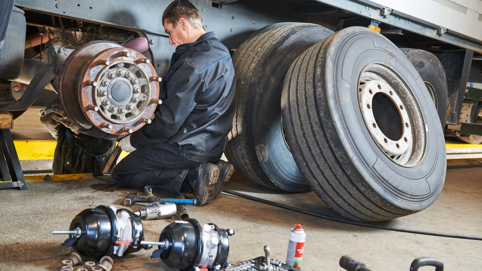 A truck driver changing a tire with his tools spread on the ground. 